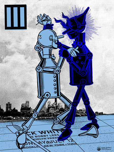 Two tinmen fighting. One is light blue the other a darker blue